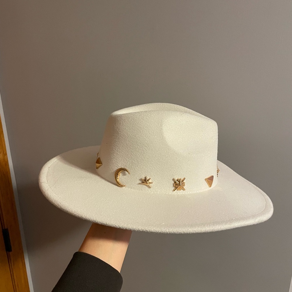 White Felt Hat with Gold Accents